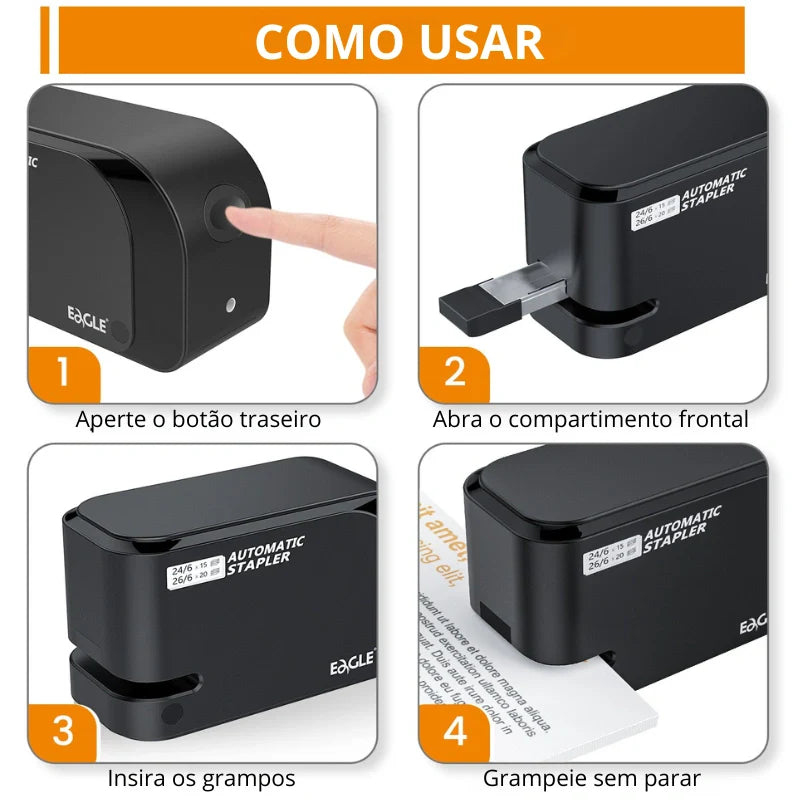 Grampeador Automático Elétrico Versão 2.0. Capacidade de 20 folhas, 2000 grampos grátis, uso com pilhas ou energia.